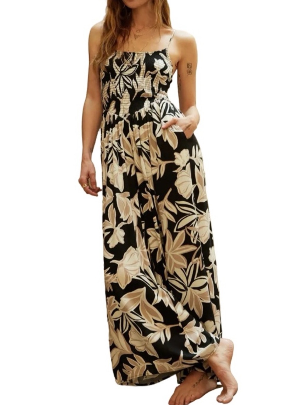 👜▪️Promesa Black Floral Jumpsuit romper with Beige & White Print flowy boho ▪️👜